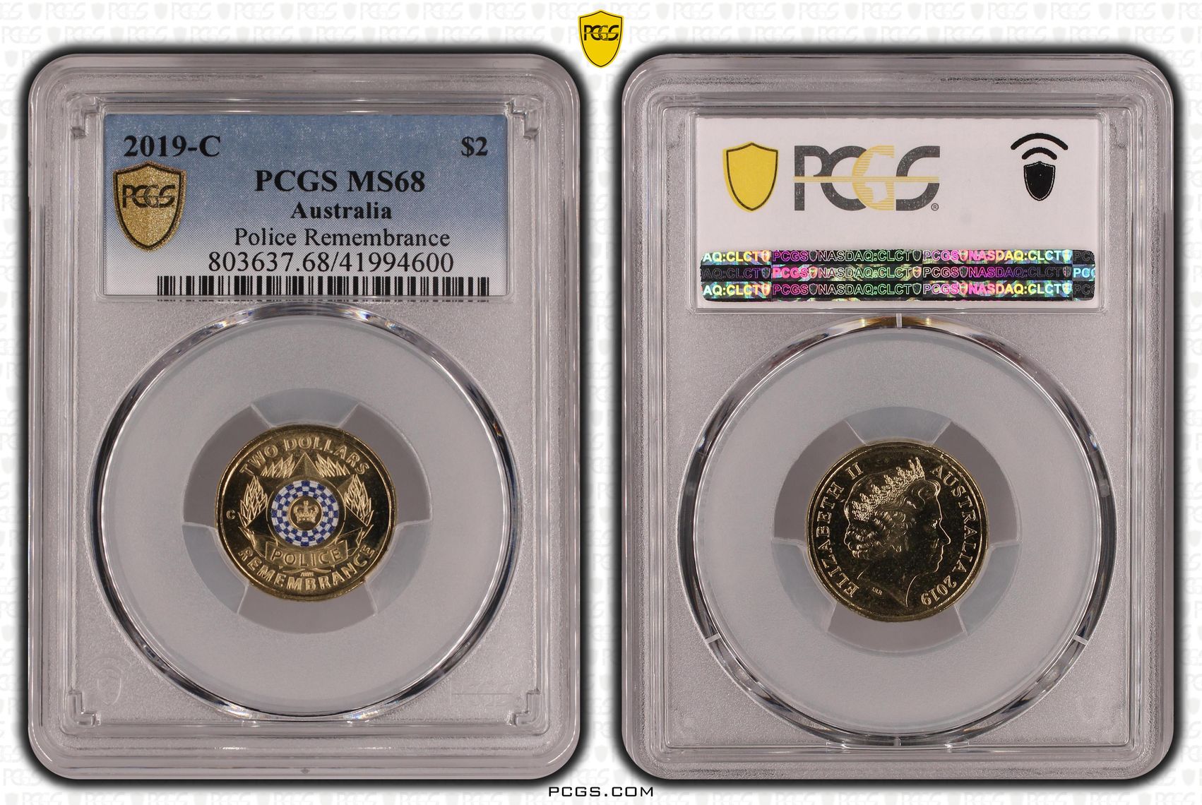 2019 $2 "C" Mintmark Coloured Police Remembrance PCGS Graded Coin MS68